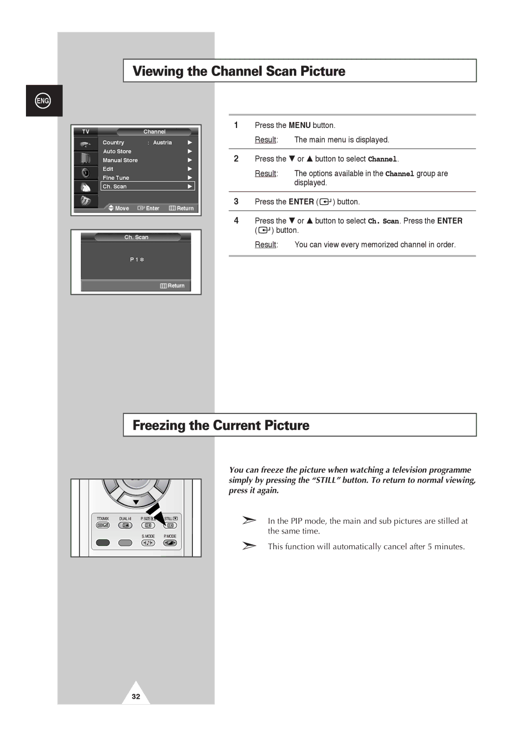 Samsung PS-42D4S manual Viewing the Channel Scan Picture, Freezing the Current Picture 