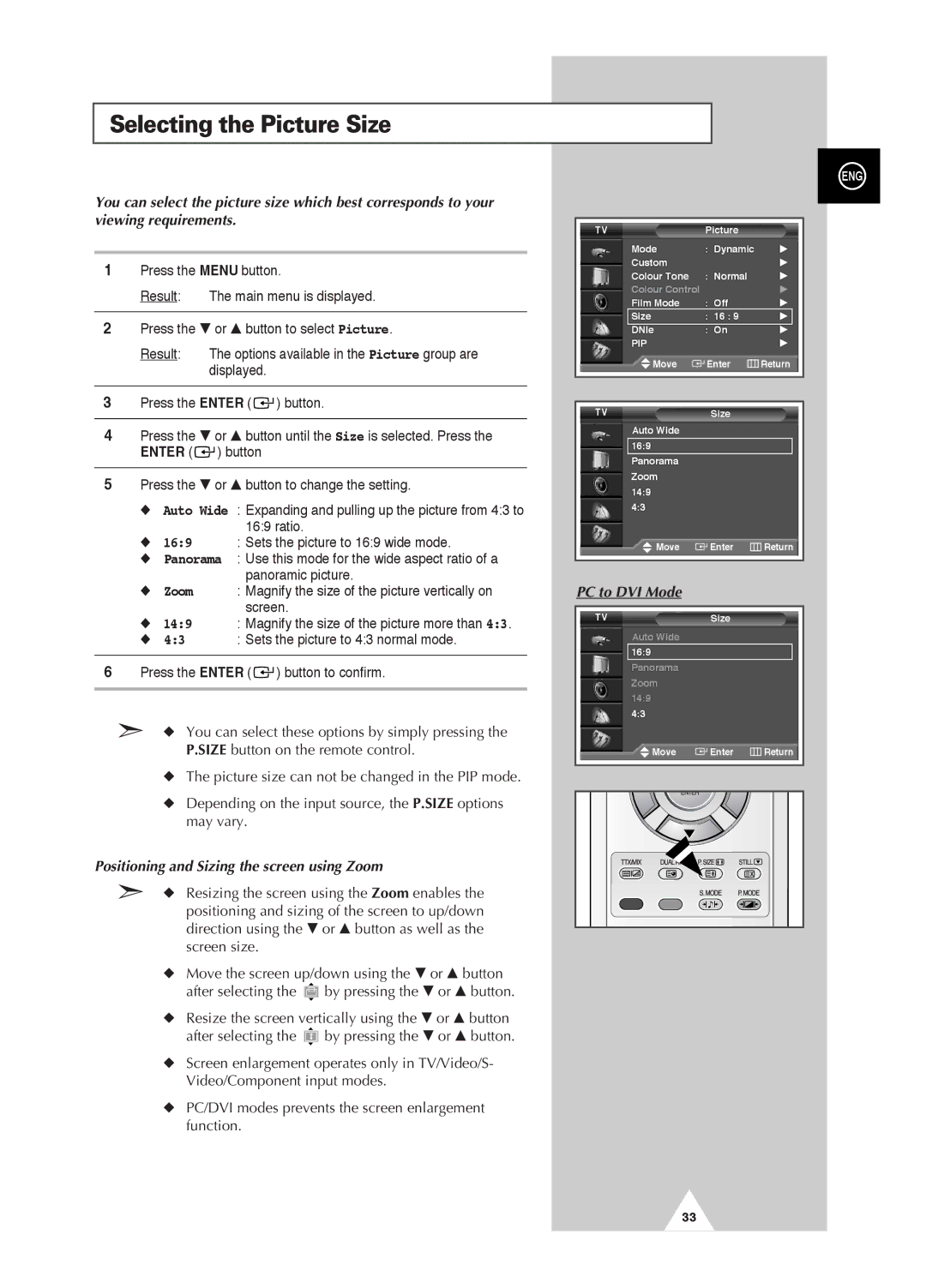 Samsung PS-42D4S manual Selecting the Picture Size, Positioning and Sizing the screen using Zoom, PC to DVI Mode 