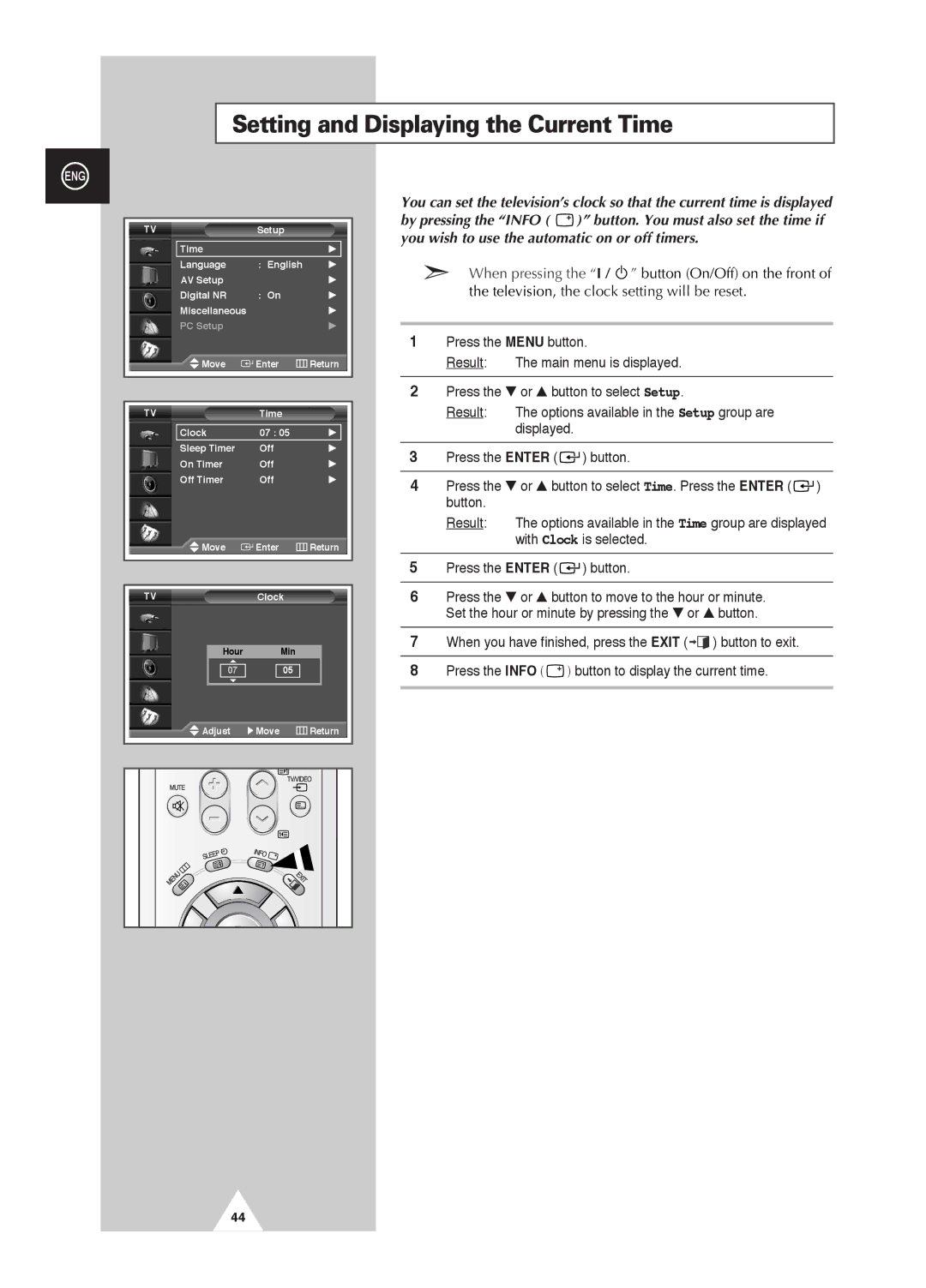 Samsung PS-42D4S manual Setting and Displaying the Current Time 