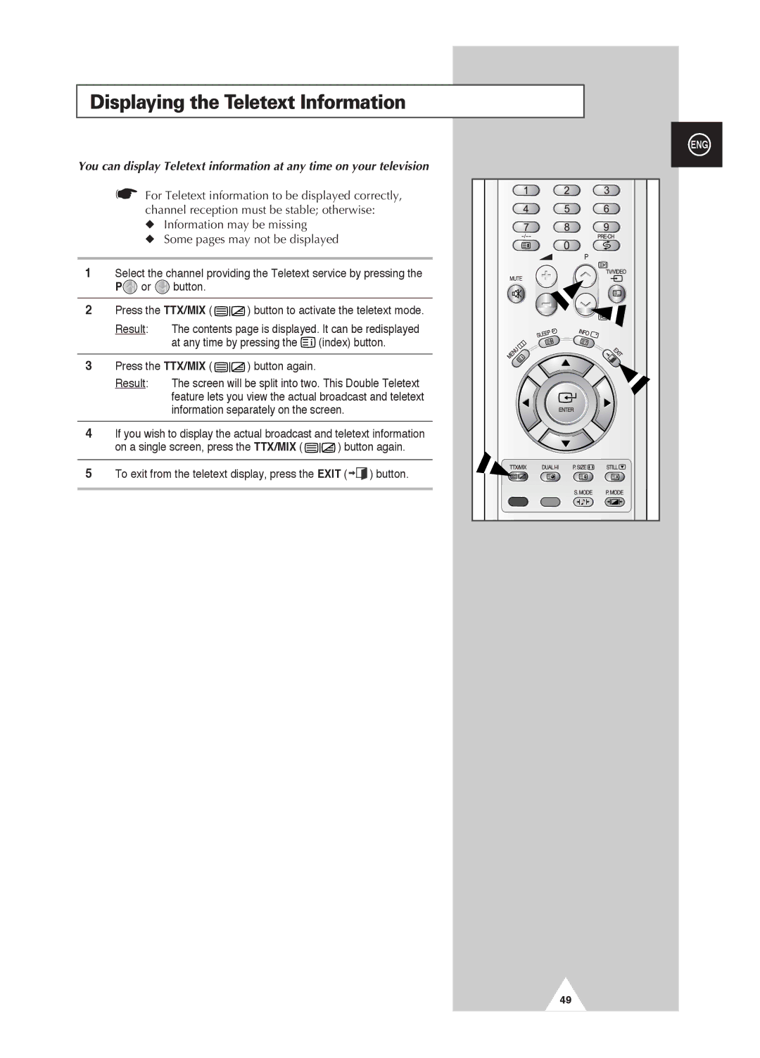 Samsung PS-42D4S manual Displaying the Teletext Information, Press the TTX/MIX button again 