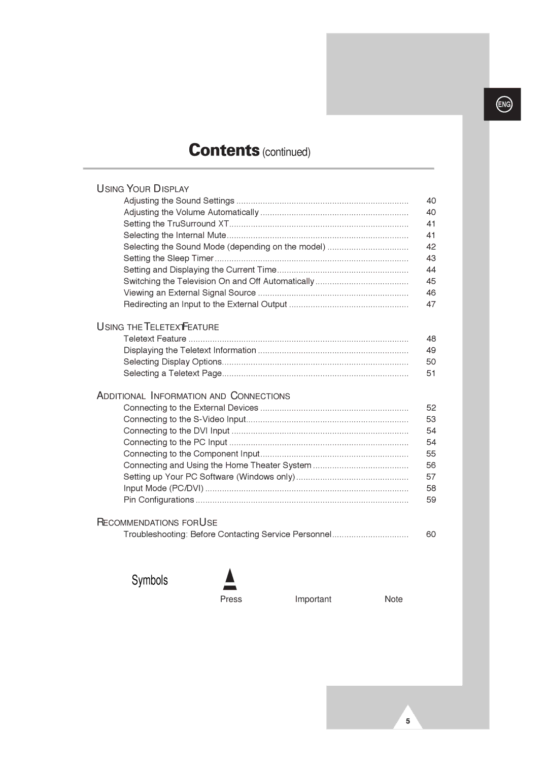 Samsung PS-42D4S manual Symbols, Contents 