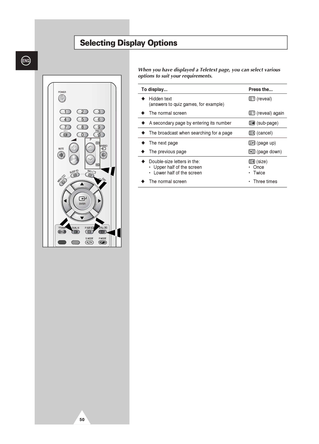 Samsung PS-42D4S manual Selecting Display Options, To display Press 