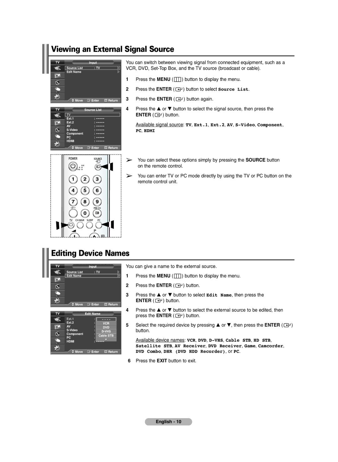 Samsung PS-42E71H manual Viewing an External Signal Source, Editing Device Names 