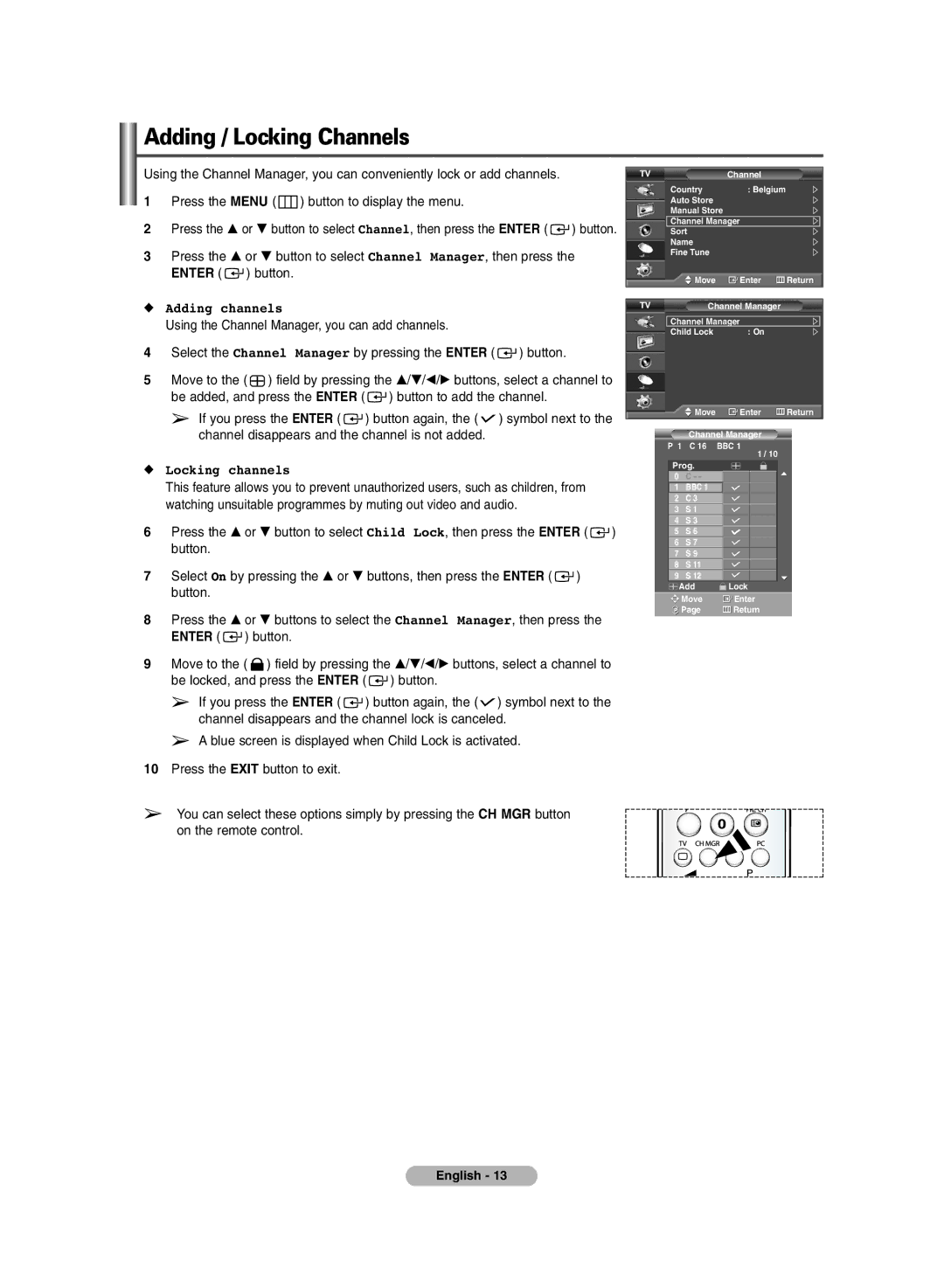 Samsung PS-42E71H manual Adding / Locking Channels, Adding channels, Locking channels 