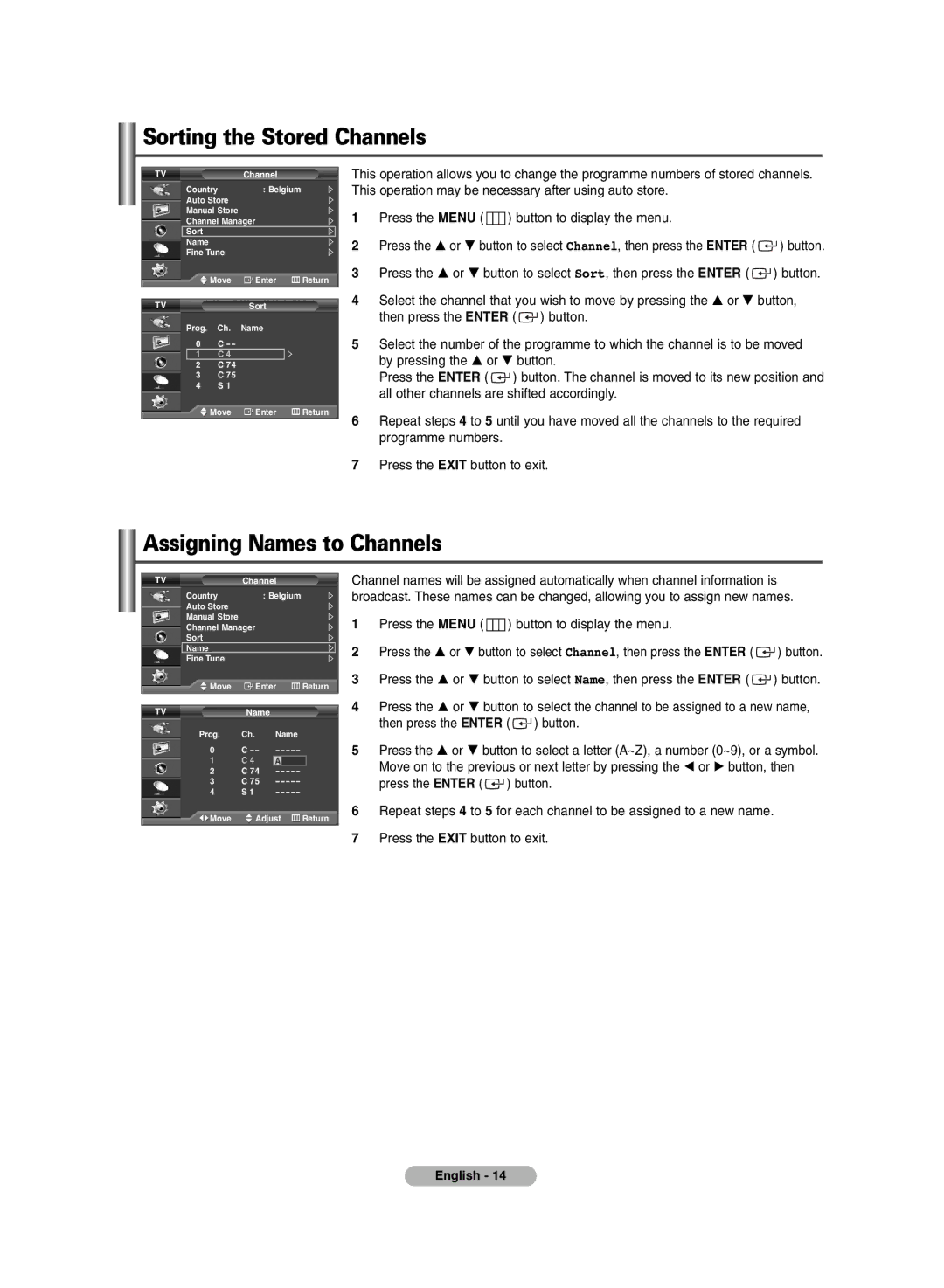 Samsung PS-42E71H manual Sorting the Stored Channels, Assigning Names to Channels 