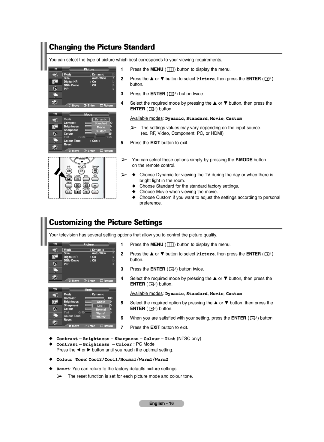 Samsung PS-42E71H manual Changing the Picture Standard, Customizing the Picture Settings 