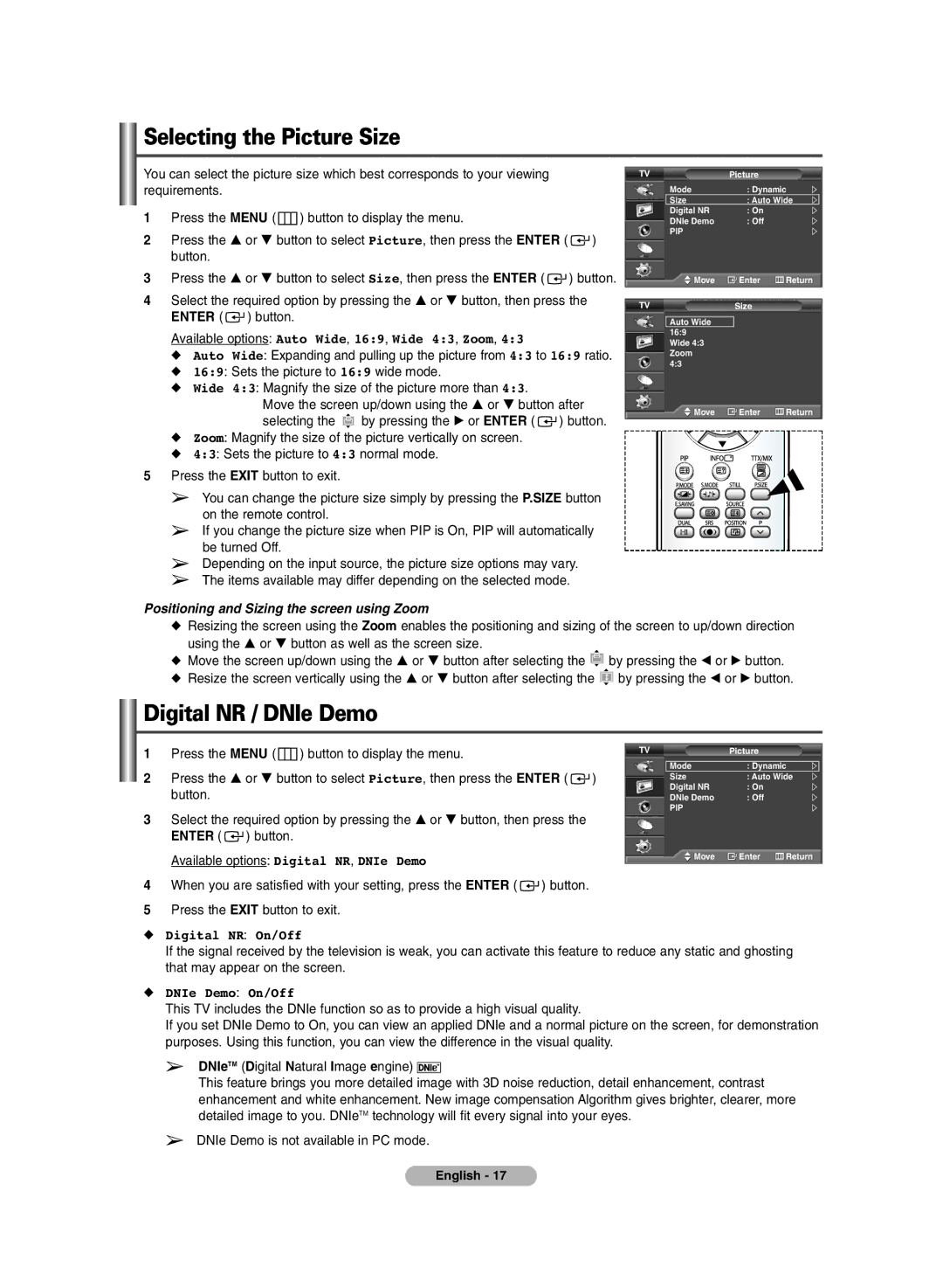 Samsung PS-42E71H manual Selecting the Picture Size, Digital NR / DNIe Demo 