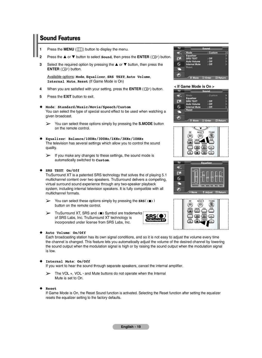 Samsung PS-42E71H manual Sound Features, If Game Mode is On 