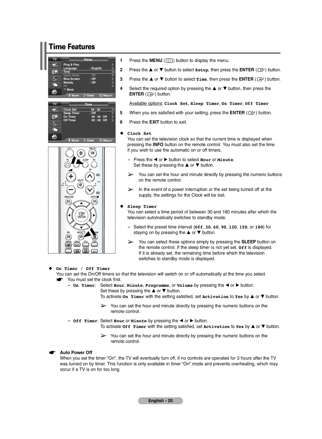 Samsung PS-42E71H manual Time Features, Clock Set, Sleep Timer, On Timer / Off Timer, Auto Power Off 