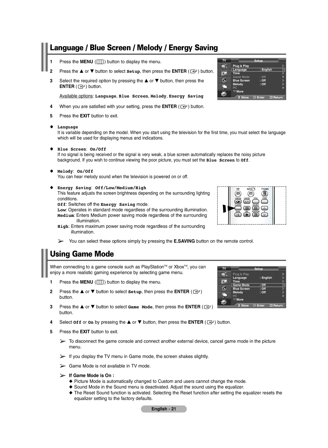 Samsung PS-42E71H manual Language / Blue Screen / Melody / Energy Saving, Using Game Mode 