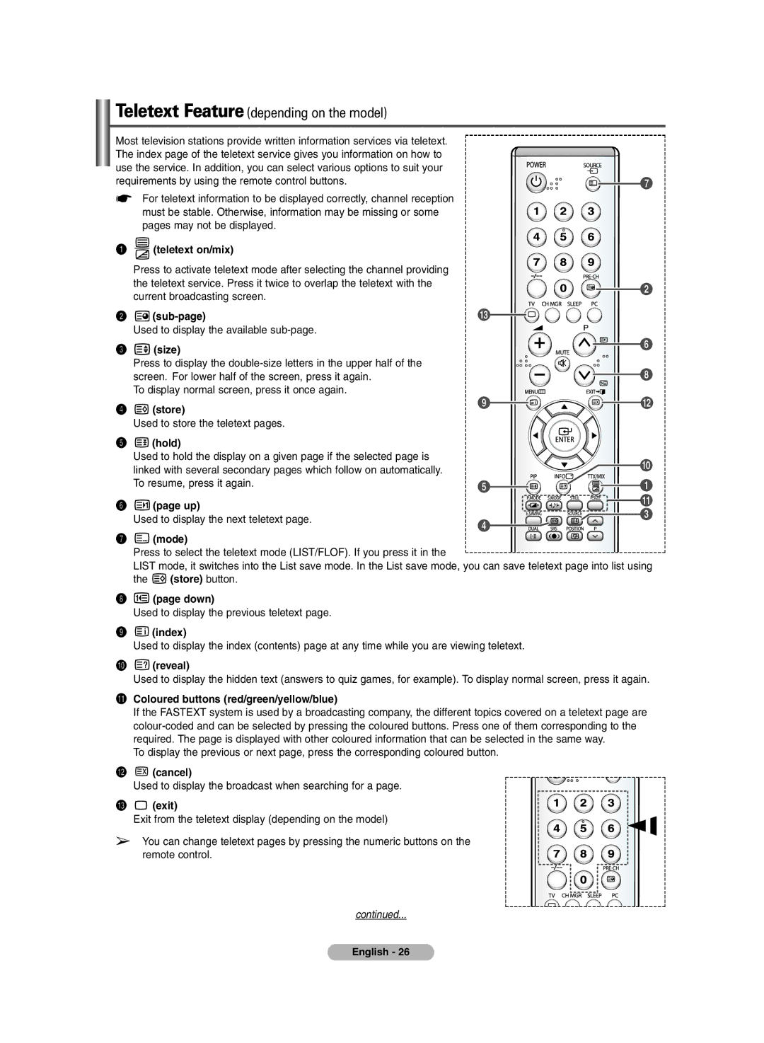 Samsung PS-42E71H manual Teletext on/mix, ´ sub-page, Size, ¨ store, Hold, Down, ’ index, ˝ reveal,  cancel, Exit 