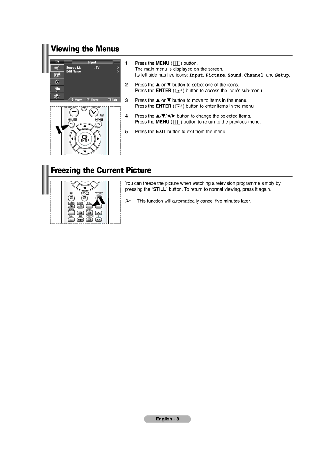 Samsung PS-42E71H manual Viewing the Menus, Freezing the Current Picture 