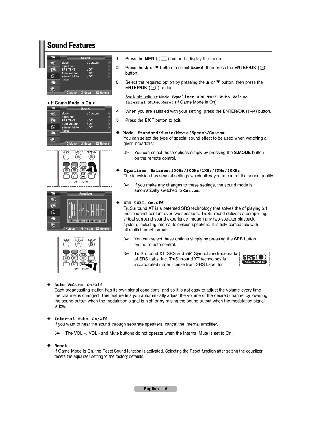 Samsung PS-42E71HD, PS-42E7HD manual Sound Features, If Game Mode is On 