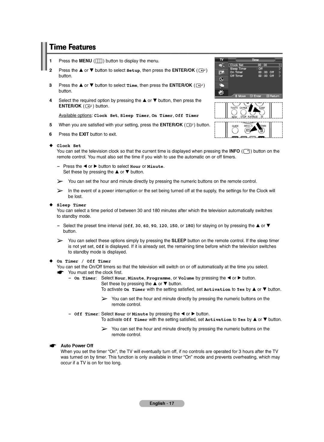 Samsung PS-42E7HD, PS-42E71HD manual Time Features, Clock Set, Sleep Timer, On Timer / Off Timer, Auto Power Off 