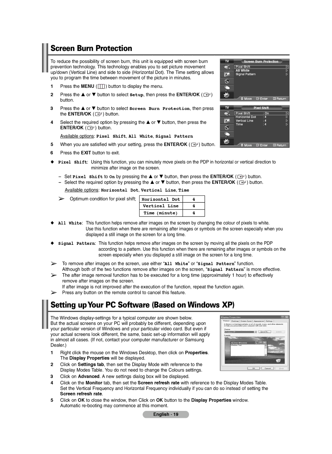 Samsung PS-42E7HD, PS-42E71HD Screen Burn Protection, Setting upYour PC Software Based on Windows XP, Screen refresh rate 