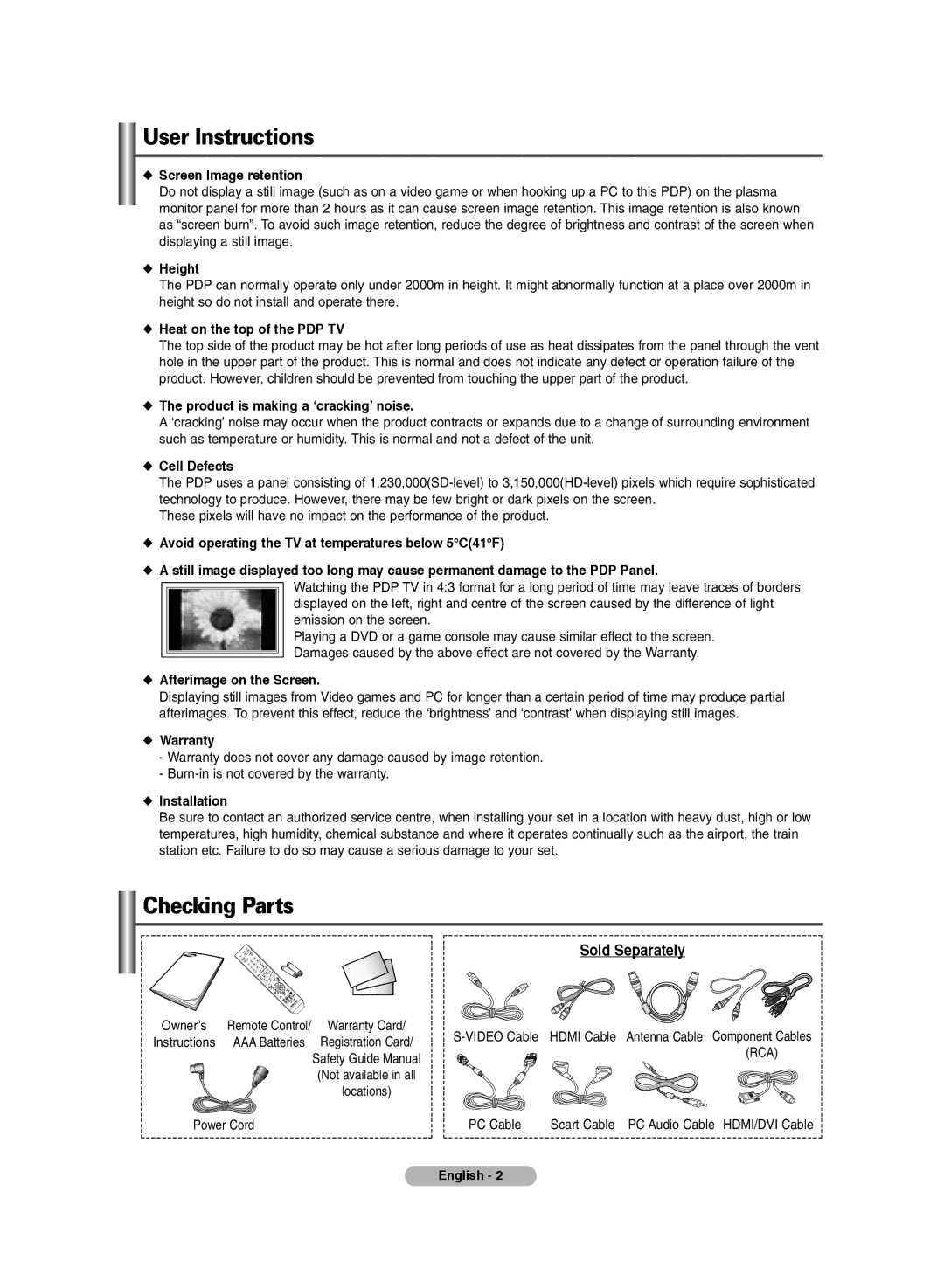 Samsung PS-42E71HD, PS-42E7HD manual User Instructions, Checking Parts 