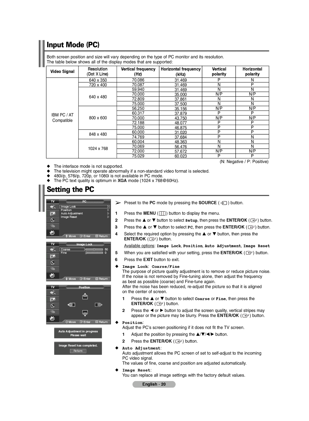 Samsung PS-42E71HD, PS-42E7HD manual Input Mode PC, Setting the PC, Video Signal Resolution, Vertical Horizontal 