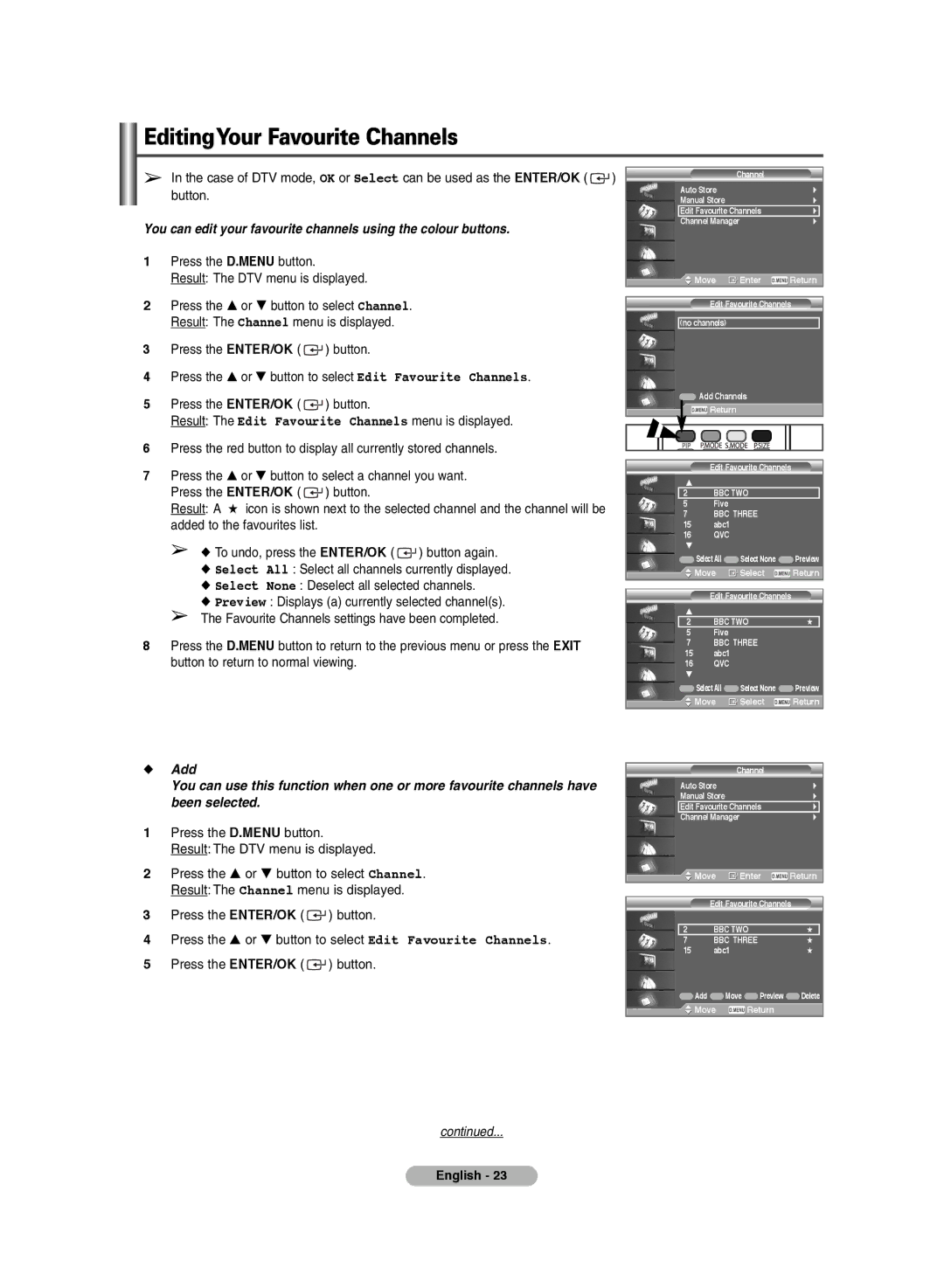 Samsung PS-42E7HD, PS-42E71HD manual EditingYour Favourite Channels 