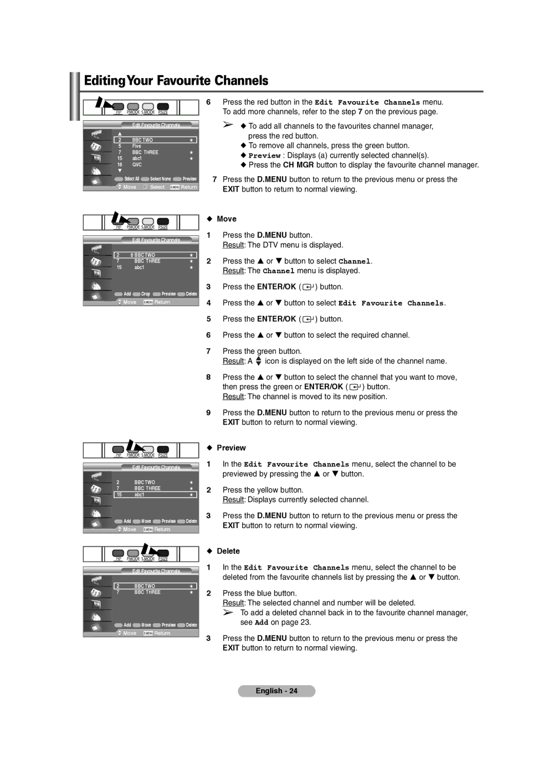 Samsung PS-42E71HD, PS-42E7HD manual Move, Preview, Delete 