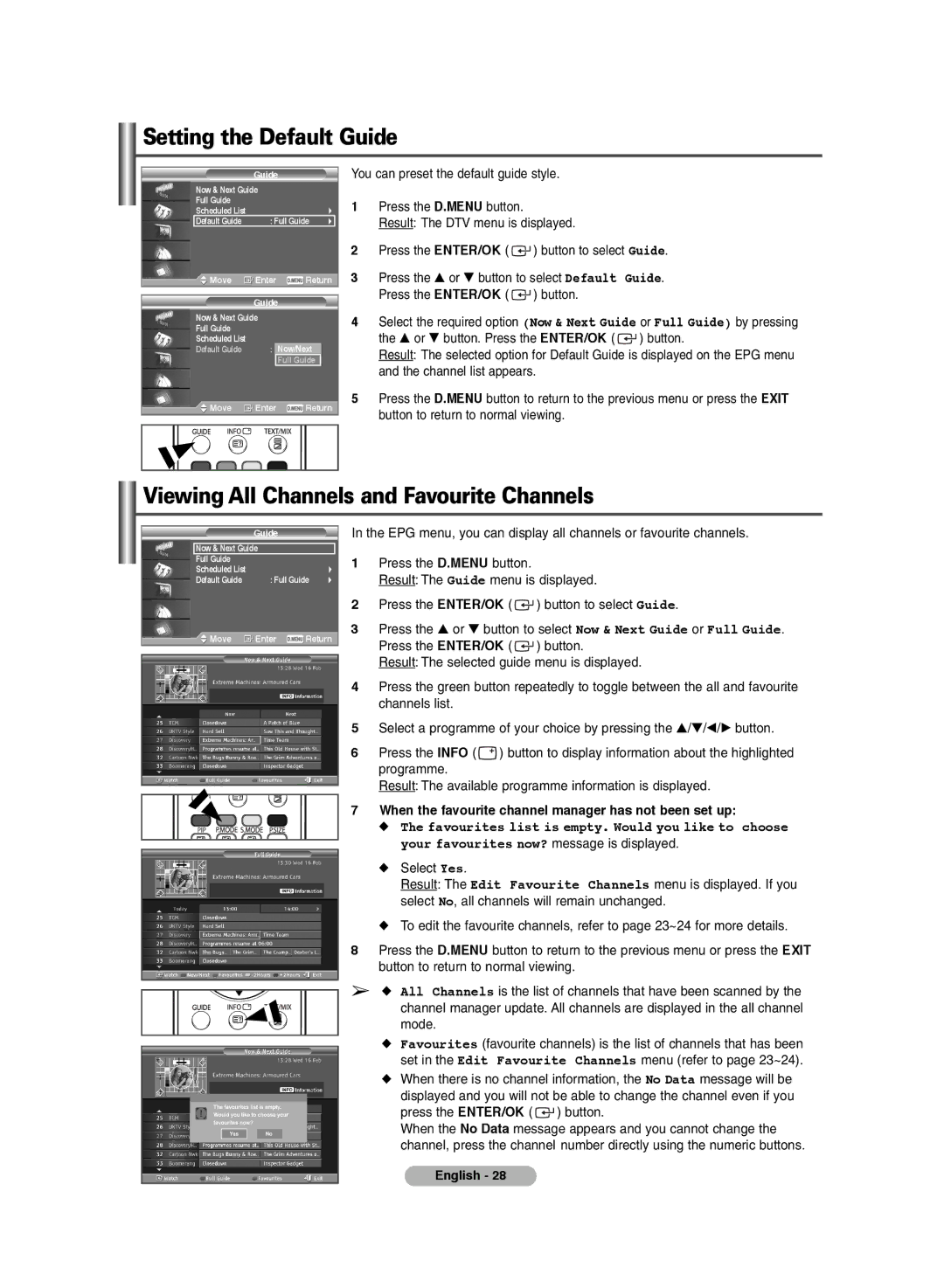 Samsung PS-42E71HD, PS-42E7HD manual Setting the Default Guide, Viewing All Channels and Favourite Channels 