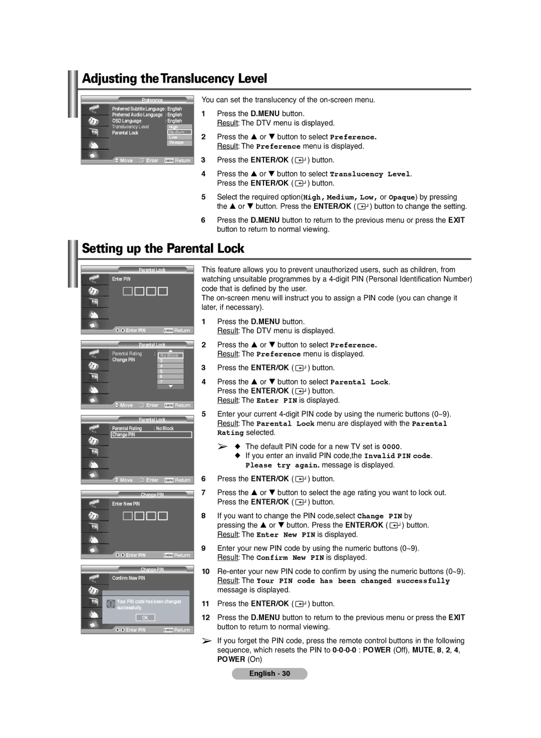 Samsung PS-42E71HD, PS-42E7HD manual Adjusting theTranslucency Level, Setting up the Parental Lock, Power On English 