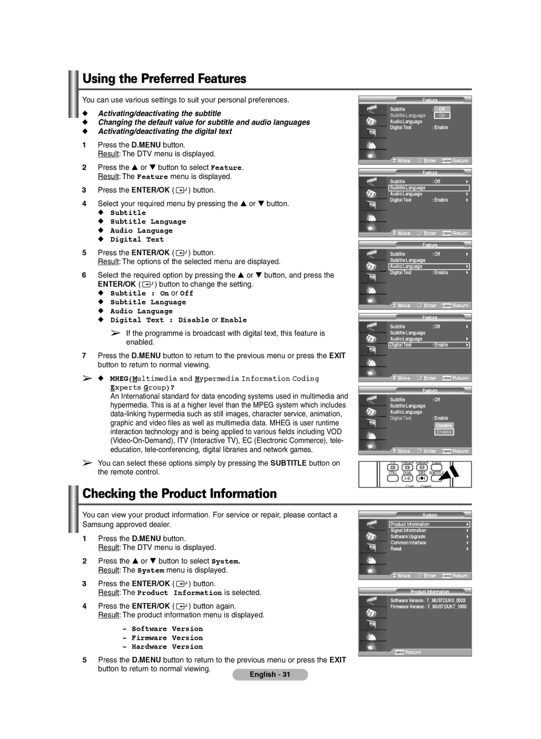 Samsung PS-42E7HD, PS-42E71HD manual Using the Preferred Features, Checking the Product Information 