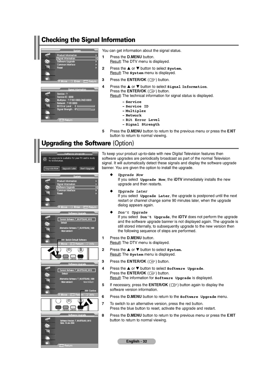 Samsung PS-42E71HD, PS-42E7HD manual Checking the Signal Information, Upgrading the Software Option 