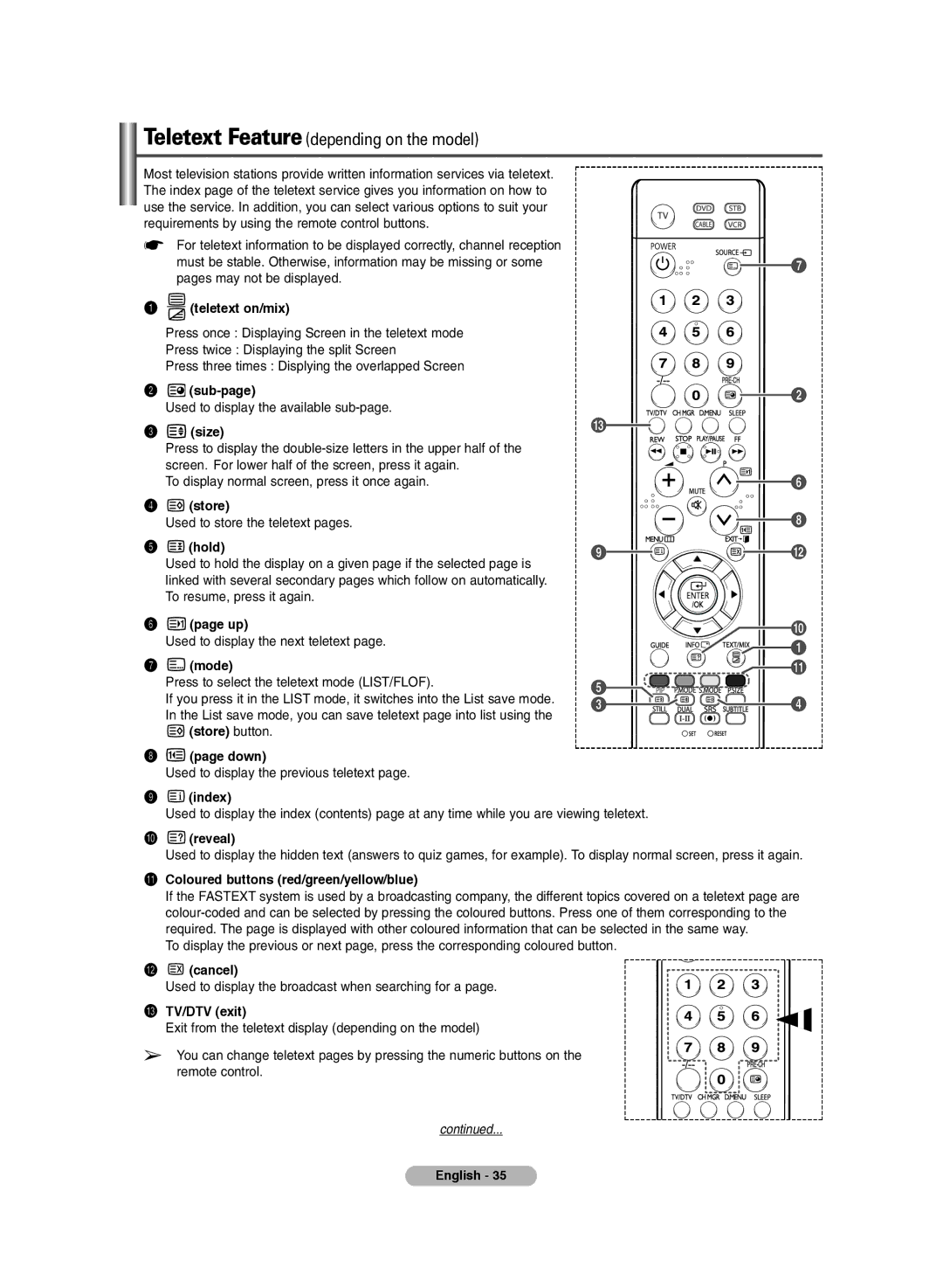 Samsung PS-42E7HD Teletext on/mix, ´ sub-page, Size, ¨ store, Hold, ∏ mode, Store button Down, ’ index, ˝ reveal,  cancel 