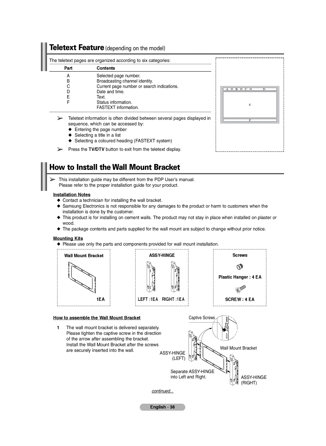 Samsung PS-42E71HD, PS-42E7HD manual How to Install the Wall Mount Bracket 