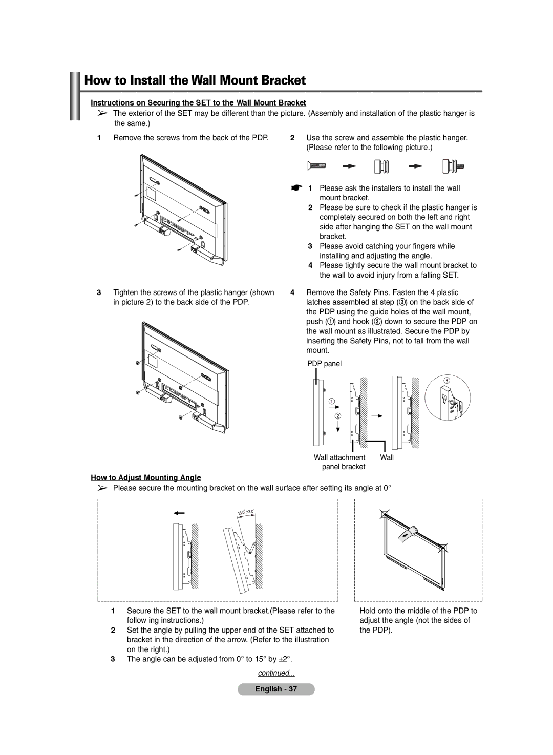 Samsung PS-42E7HD, PS-42E71HD Instructions on Securing the SET to the Wall Mount Bracket, How to Adjust Mounting Angle 