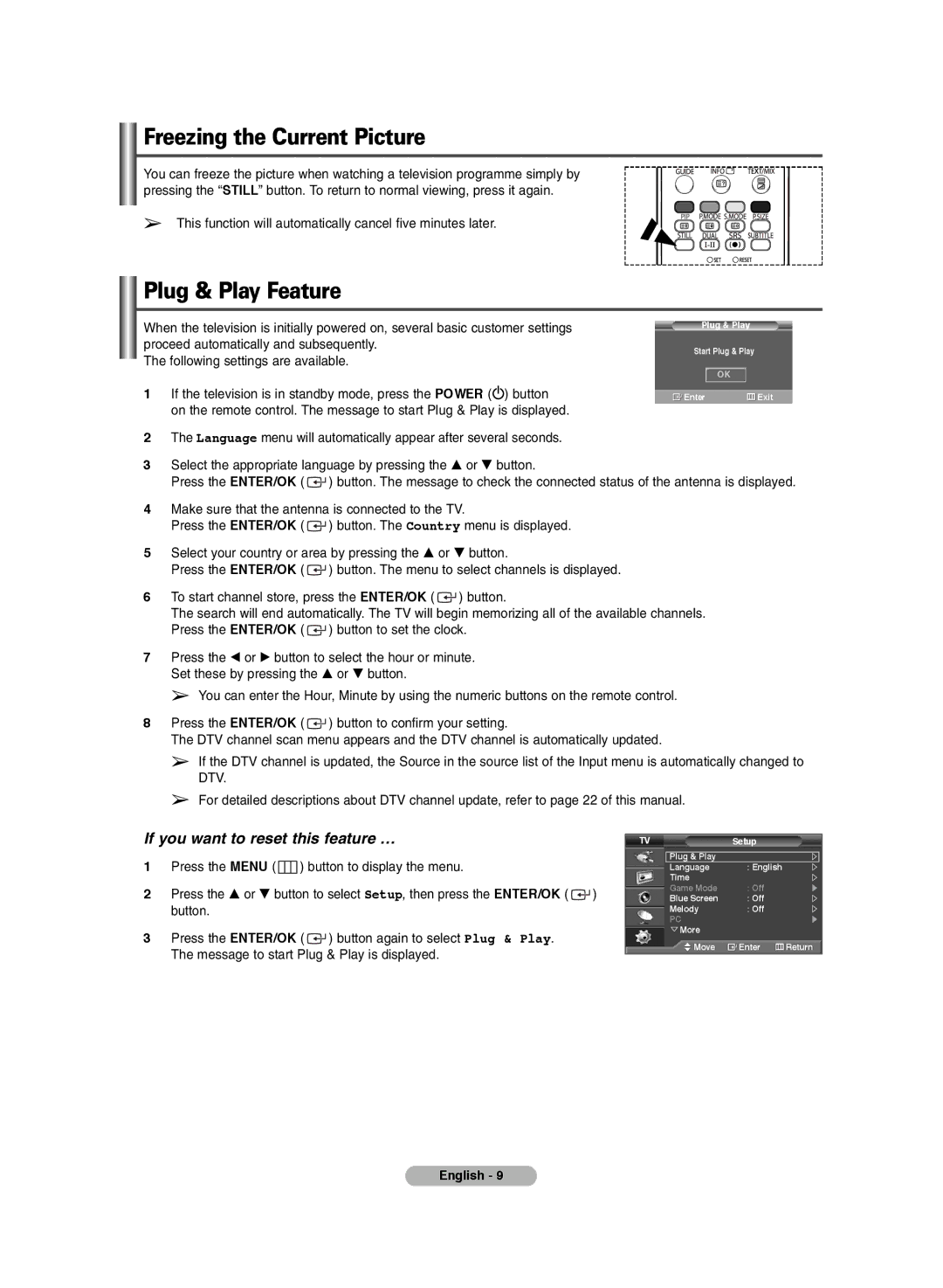 Samsung PS-42E7HD, PS-42E71HD manual Freezing the Current Picture, Plug & Play Feature 