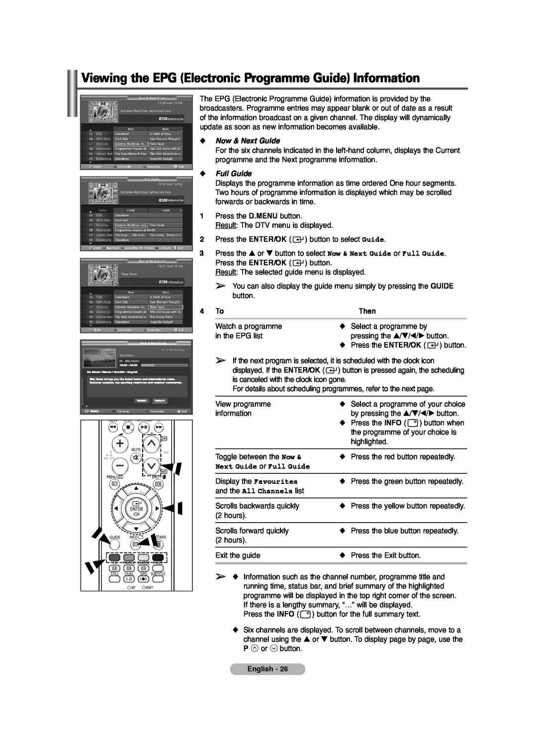 Samsung PS-42E71HD, PS-42E7HD manual Viewing the EPG Electronic Programme Guide Information, Now & Next Guide, Full Guide 