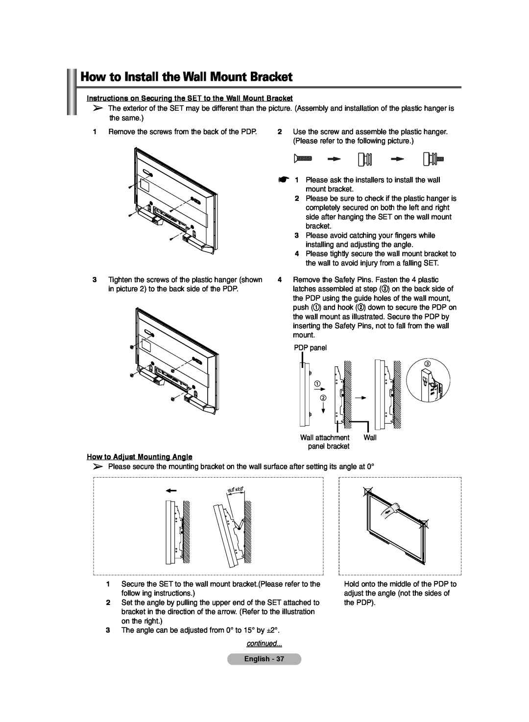 Samsung PS-42E7HD, PS-42E71HD How to Install the Wall Mount Bracket, Remove the screws from the back of the PDP, continued 