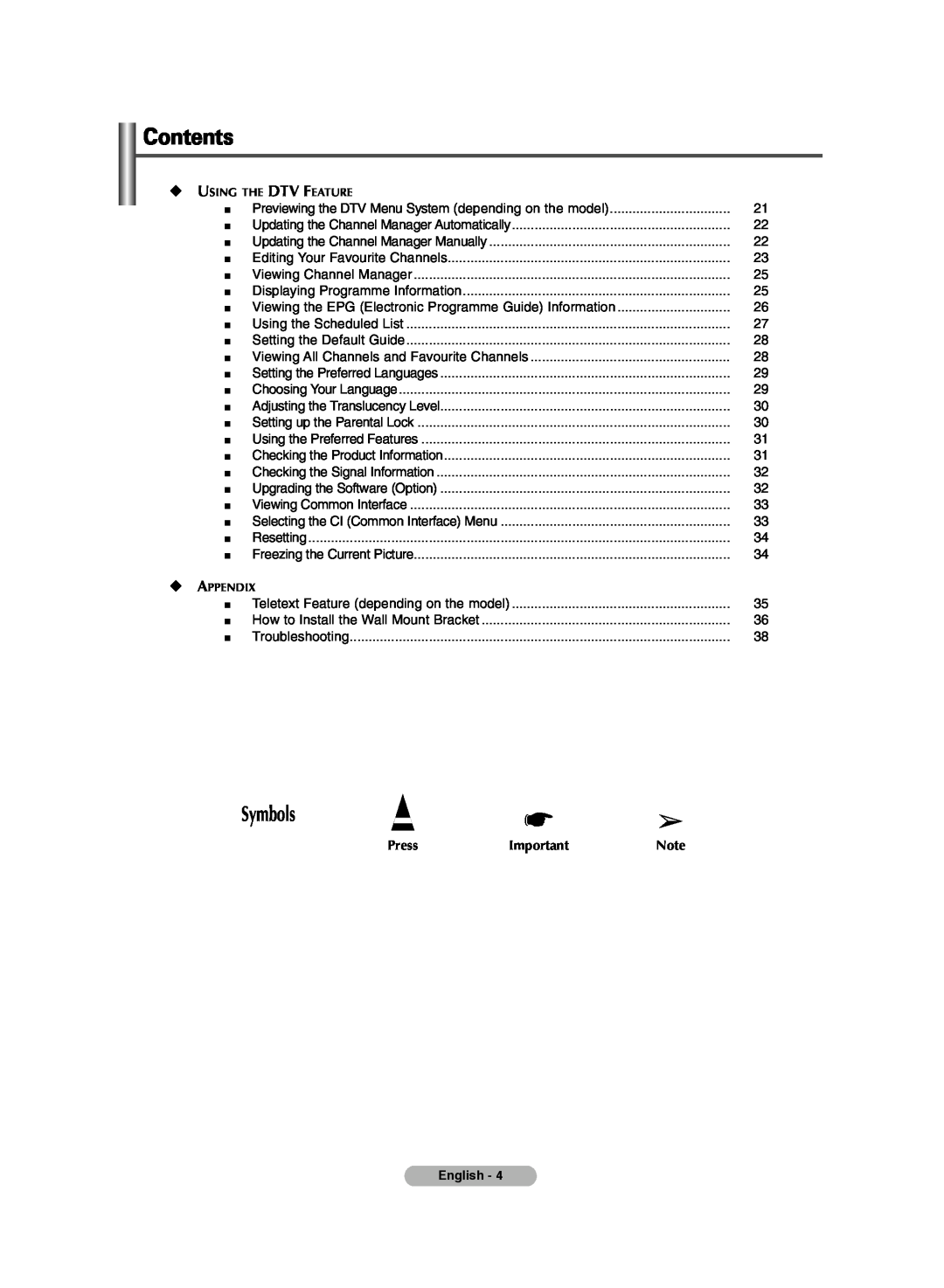 Samsung PS-42E71HD, PS-42E7HD manual Contents, Symbols, Press, Using The Dtv Feature, Appendix 