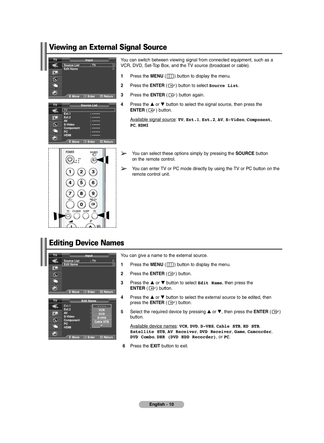 Samsung PS-42E7S, PS-42E7H manual Viewing an External Signal Source, Editing Device Names 