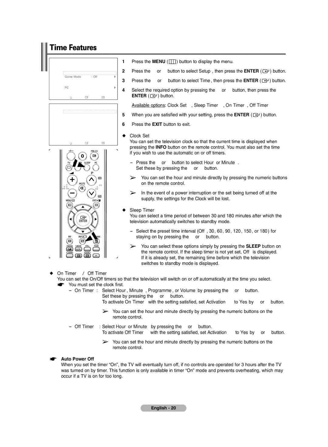 Samsung PS-42E7S, PS-42E7H manual Time Features, Clock Set, Sleep Timer, On Timer / Off Timer, Auto Power Off 