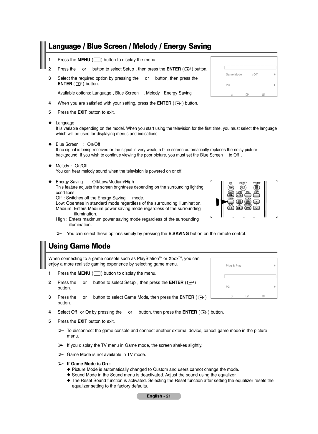 Samsung PS-42E7H, PS-42E7S manual Language / Blue Screen / Melody / Energy Saving, Using Game Mode 