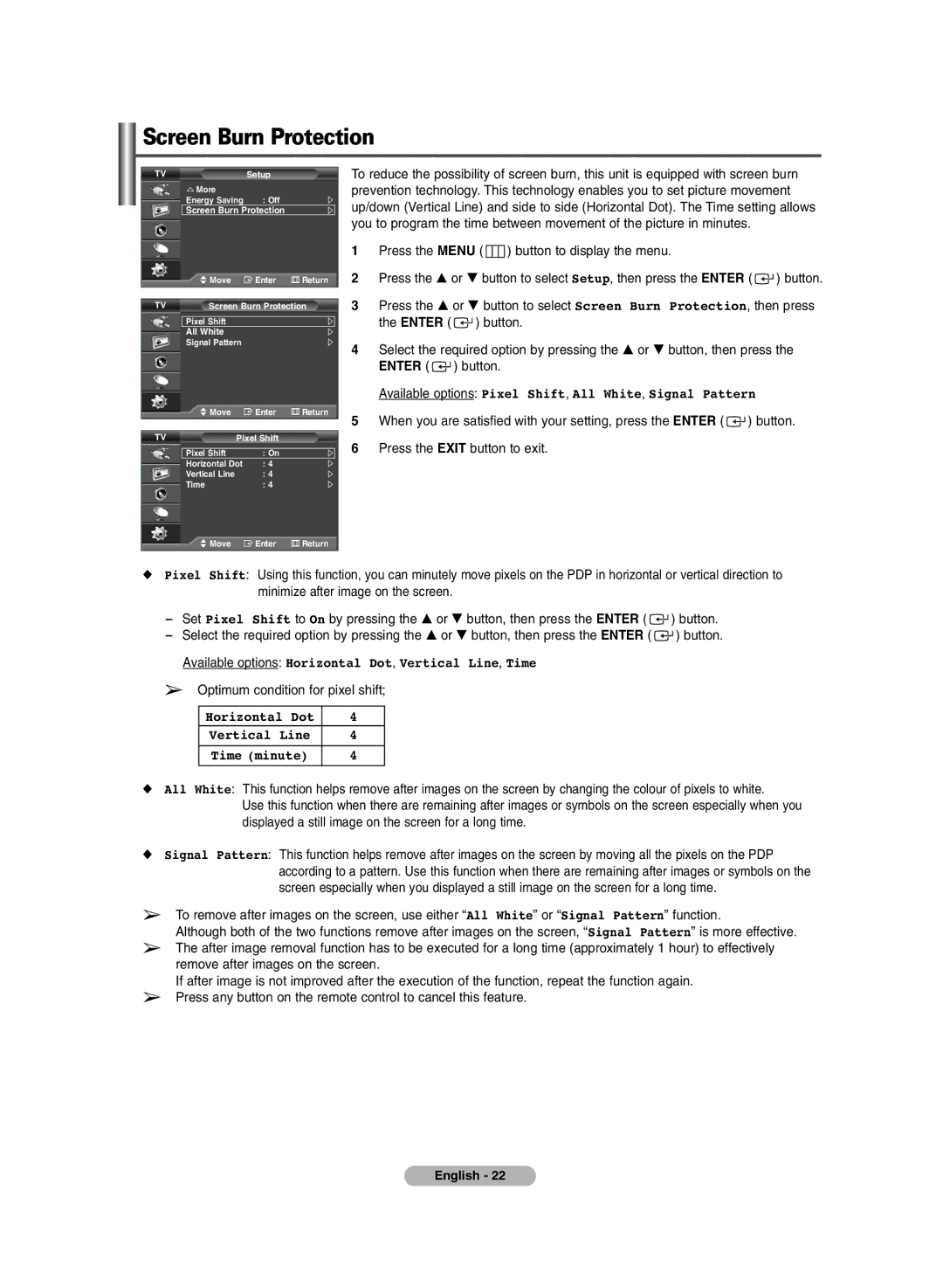 Samsung PS-42E7S, PS-42E7H manual Screen Burn Protection, Available options Pixel Shift, All White, Signal Pattern 