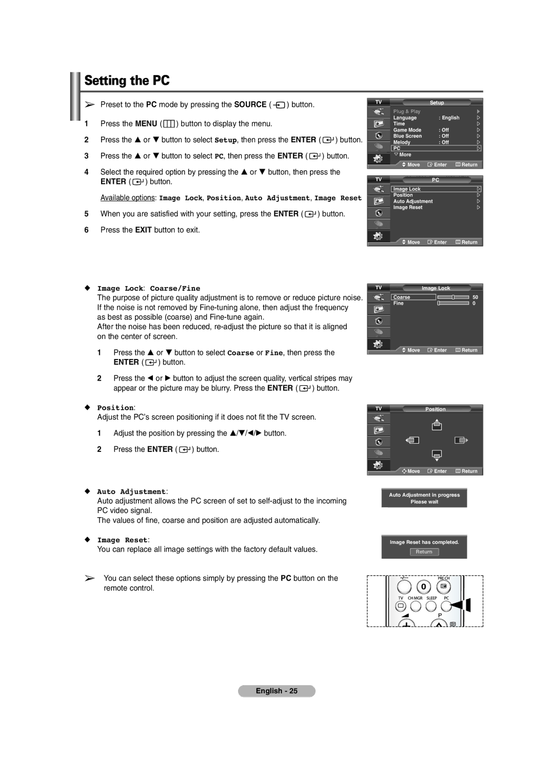 Samsung PS-42E7H, PS-42E7S manual Setting the PC, Image Lock Coarse/Fine, Auto Adjustment, Image Reset 