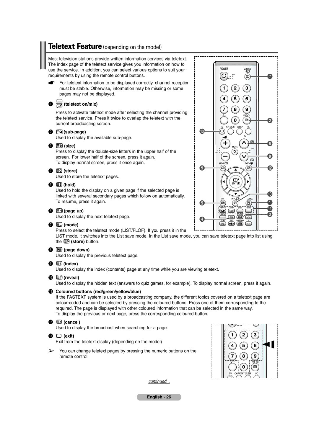 Samsung PS-42E7S, PS-42E7H manual Teletext on/mix, ´ sub-page, Size, ¨ store, Hold, Down, ’ index, ˝ reveal,  cancel, Exit 