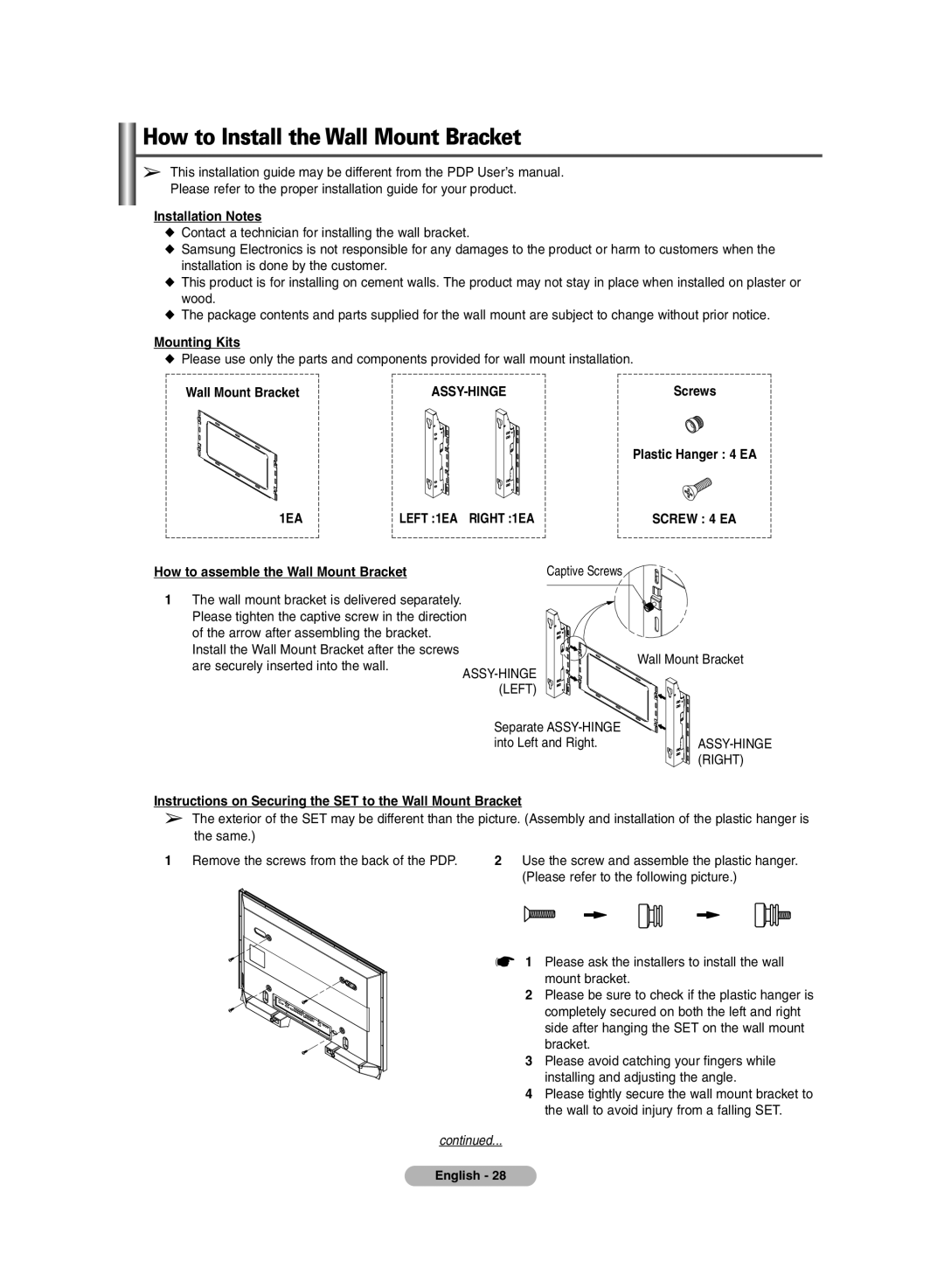 Samsung PS-42E7S, PS-42E7H manual How to Install the Wall Mount Bracket 