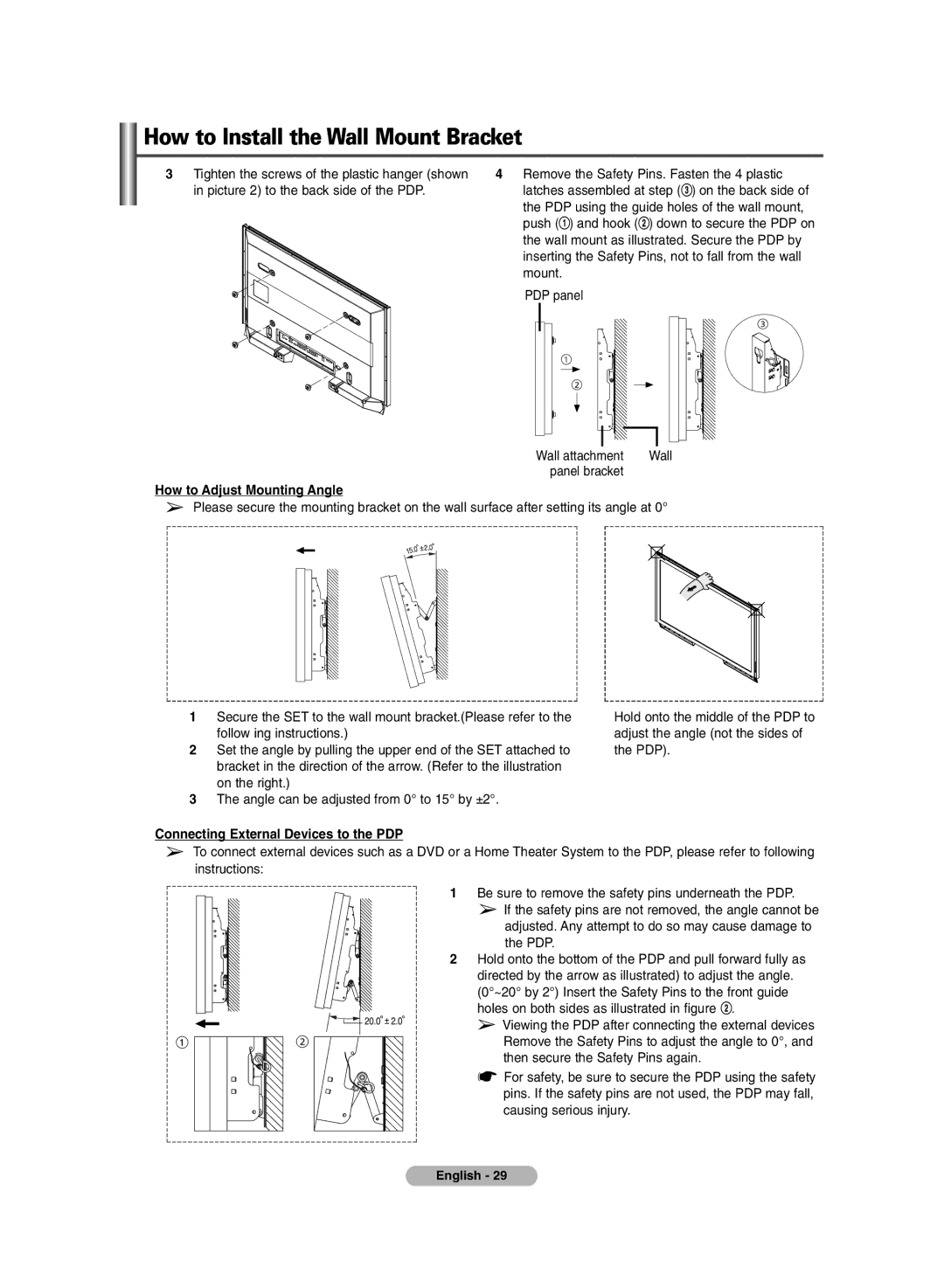 Samsung PS-42E7H, PS-42E7S manual How to Adjust Mounting Angle, Connecting External Devices to the PDP 