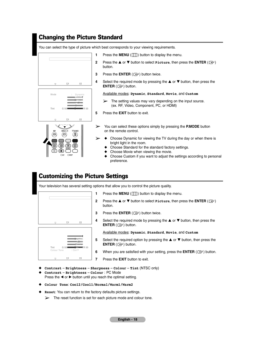 Samsung PS-42P7H, PS-50P7H manual Changing the Picture Standard, Customizing the Picture Settings 