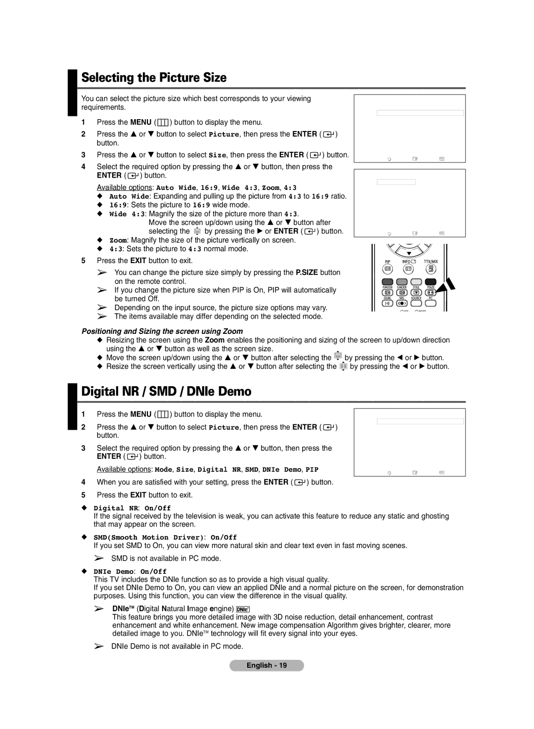 Samsung PS-50P7H, PS-42P7H manual Selecting the Picture Size, Digital NR / SMD / DNIe Demo 