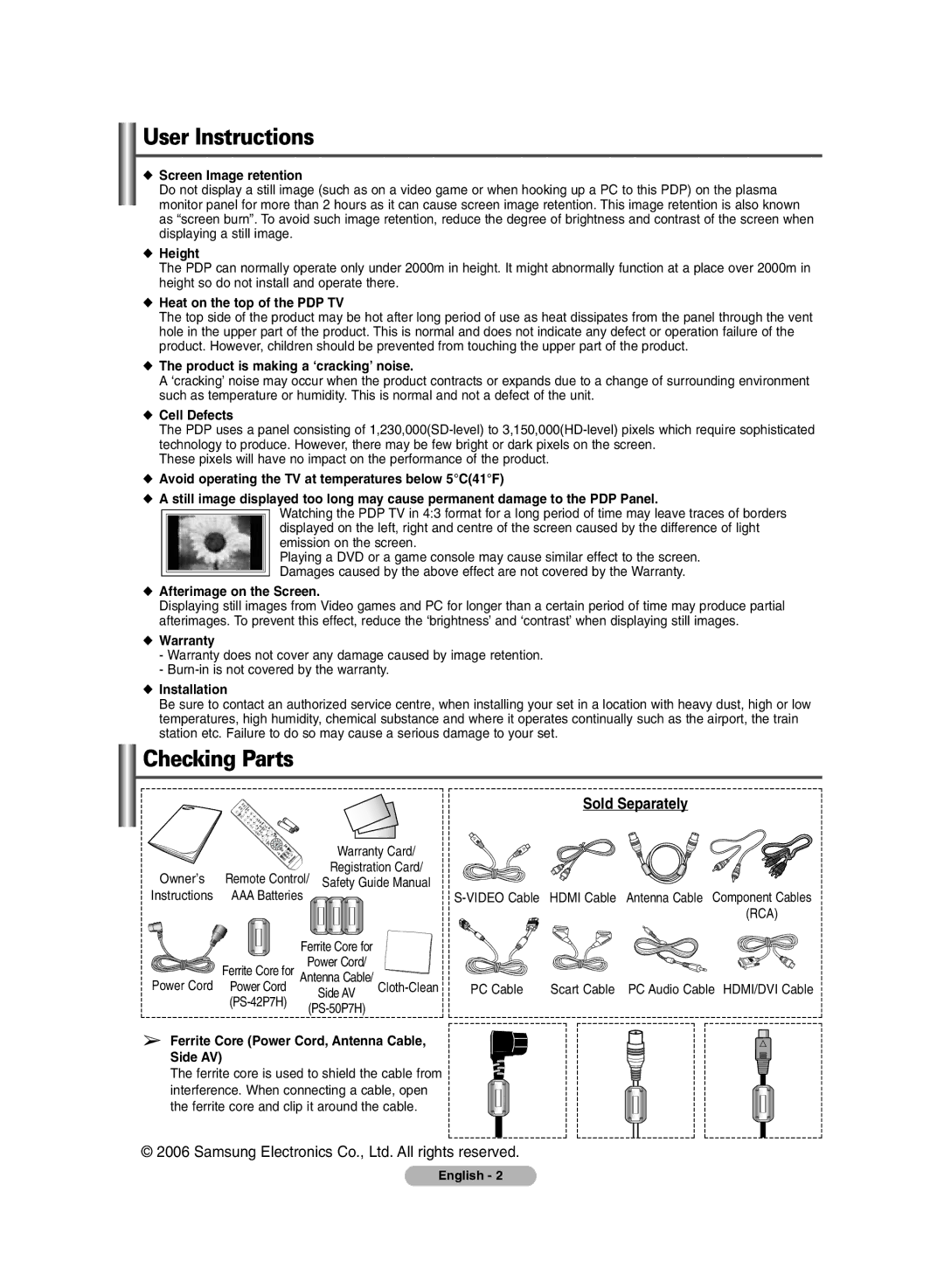 Samsung PS-42P7H, PS-50P7H manual User Instructions, Checking Parts, Sold Separately 