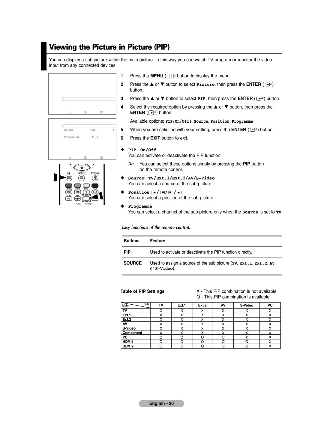 Samsung PS-42P7H, PS-50P7H manual Viewing the Picture in Picture PIP, Buttons Feature, Table of PIP Settings 