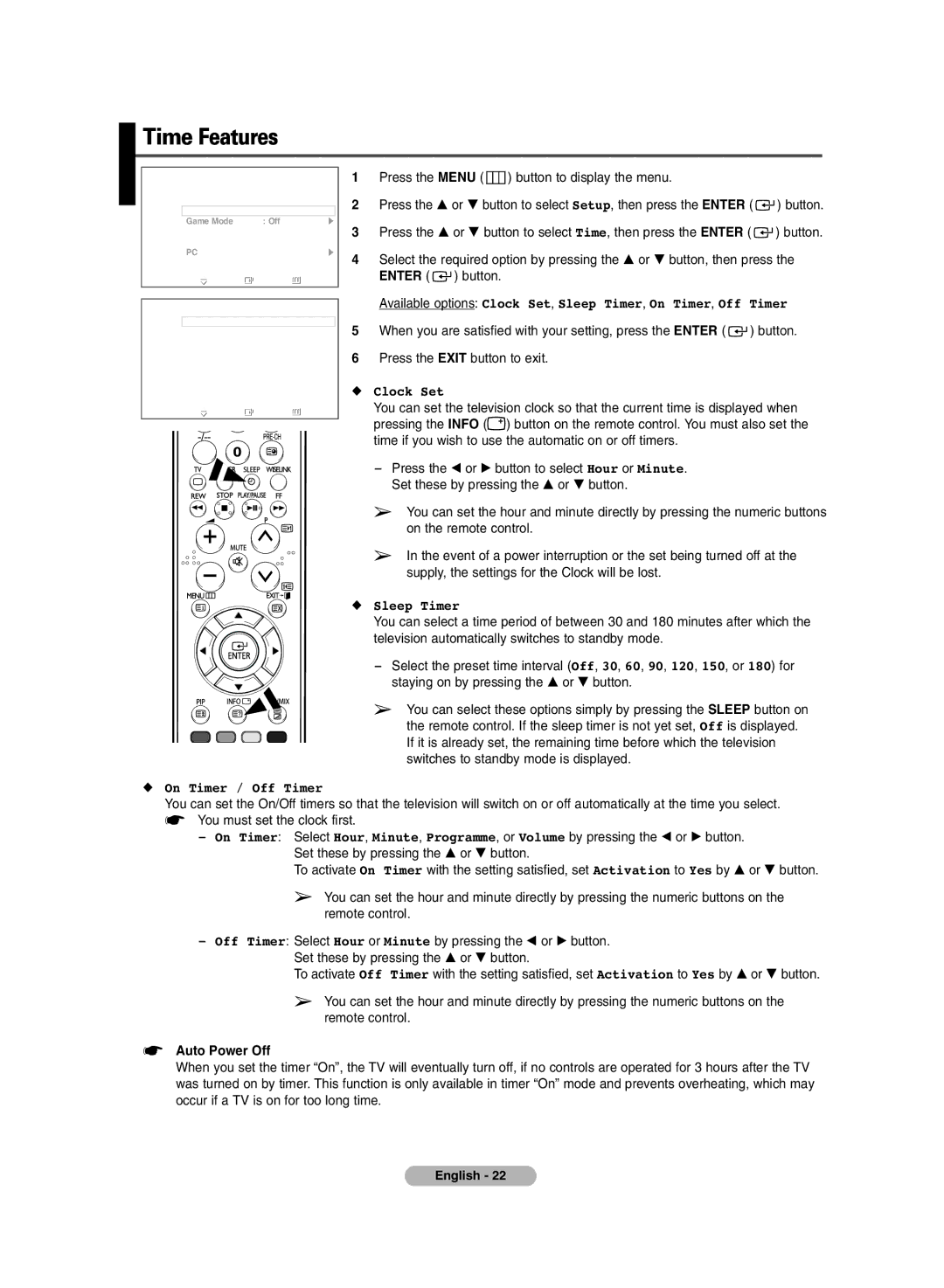 Samsung PS-42P7H, PS-50P7H manual Time Features, Clock Set, Sleep Timer, On Timer / Off Timer, Auto Power Off 