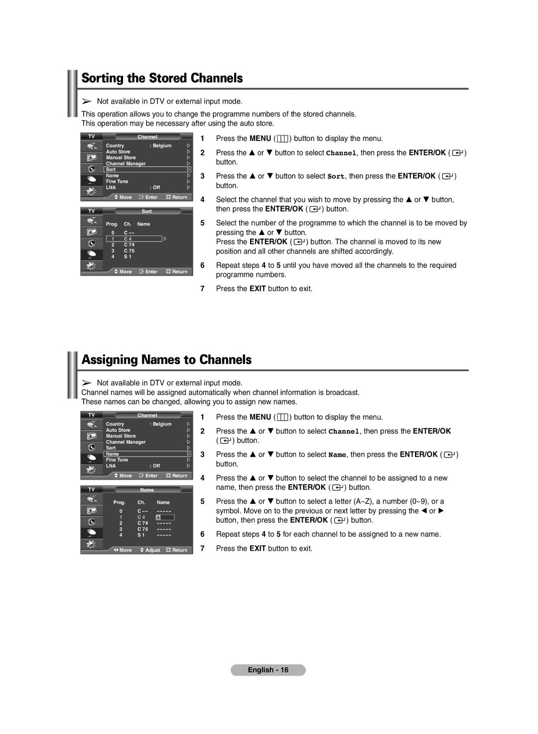 Samsung PS-42P7HD, PS-50P7HD manual Sorting the Stored Channels, Assigning Names to Channels 