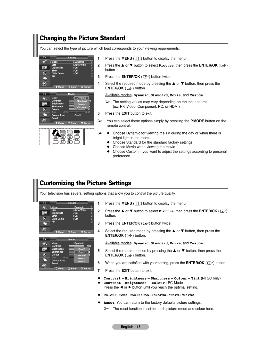 Samsung PS-42P7HD, PS-50P7HD manual Changing the Picture Standard, Customizing the Picture Settings 