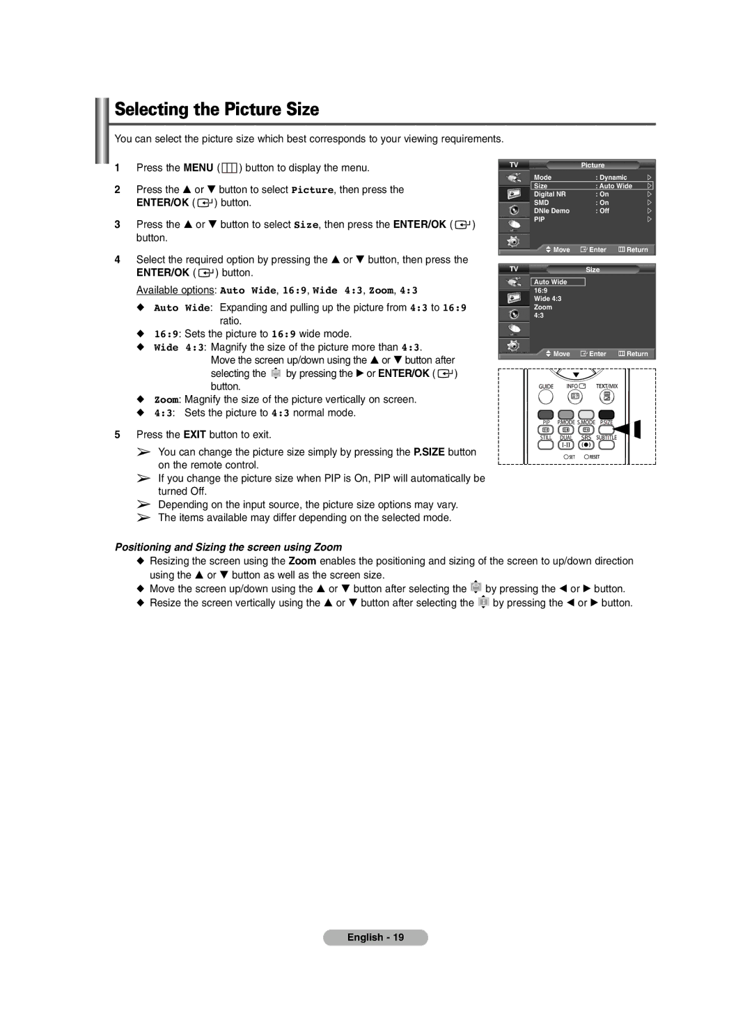 Samsung PS-50P7HD, PS-42P7HD manual Selecting the Picture Size, Available options Auto Wide, 169, Wide 43, Zoom 